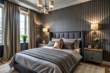 Fototapeta premium Charcoal gray accent wall adds depth to the cozy bedroom's ambiance, paired with subtle gold accents and delicate
