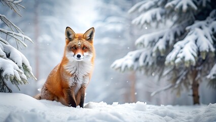 Obraz premium Red Fox Sitting in Snowy Forest, Serene Winter Woodland Scene