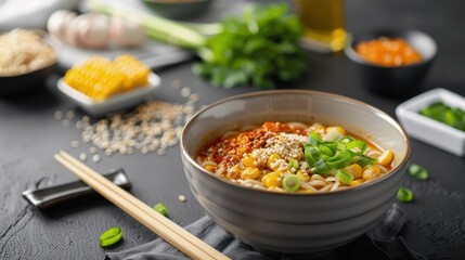 A fiery bowl of miso ramen with spicy miso paste, corn, and sesame seeds.
