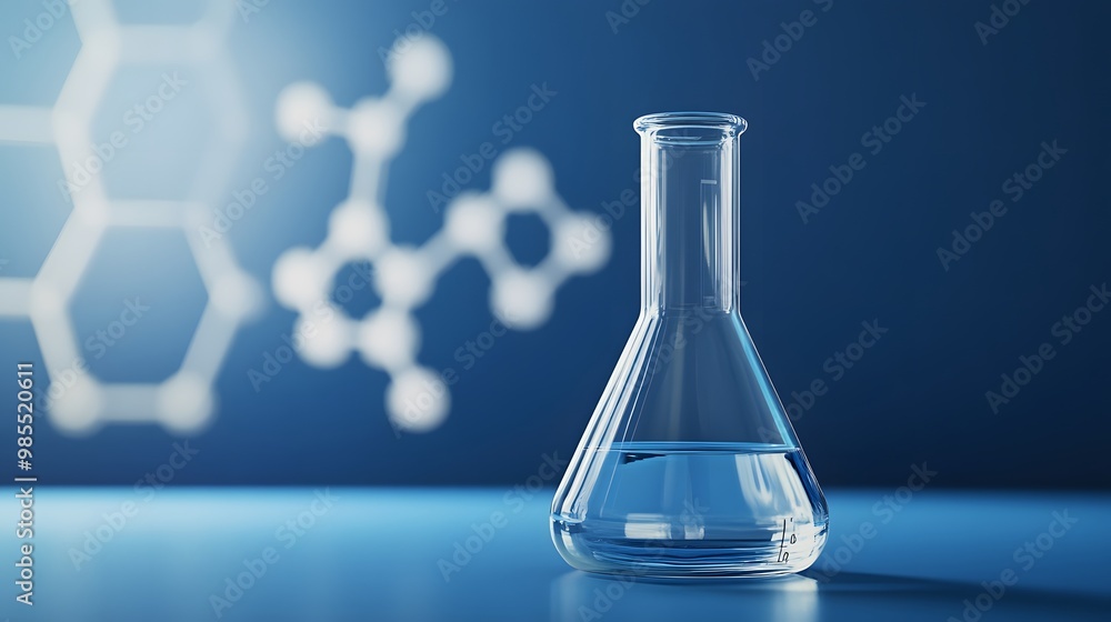 Aufkleber glass erlenmeyer flask with liquid on a blue surface with blurred molecular structures in the backgr