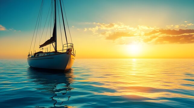 A serene sunset view with a sailboat gliding over calm waters, creating a picturesque and tranquil atmosphere.