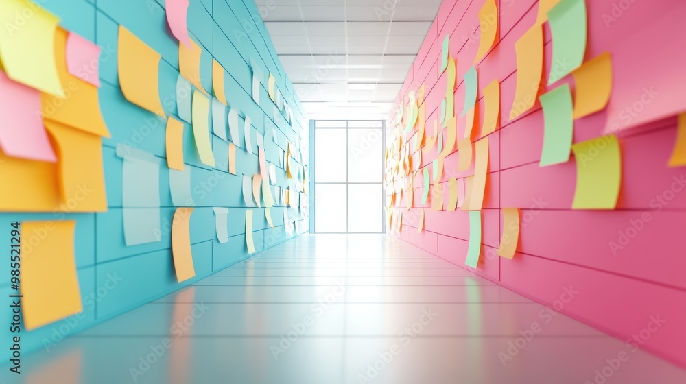 Poster an open office space with colorful post it notes covering the walls, showcasing a vibrant and collab