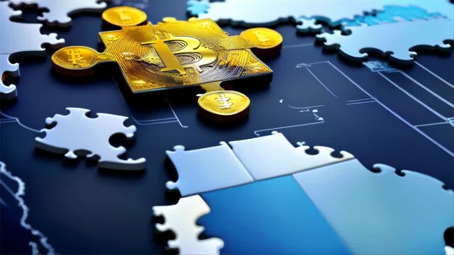 3D animation of a golden Bitcoin puzzle piece on a world map made of puzzle pieces.. AI Generation