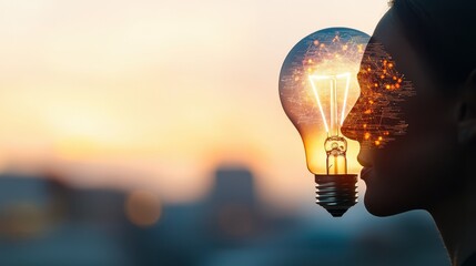 A creative conceptual image blending a woman's silhouette with a glowing light bulb, symbolizing innovation and ideas.