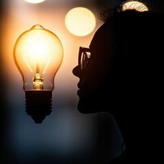 A silhouette of a person holding a glowing light bulb, symbolizing inspiration and creativity against a blurred background.