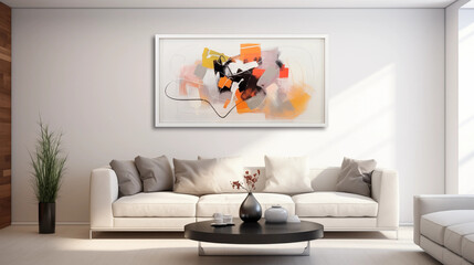 Abstract Painting in White Frame on Living Room Wall
