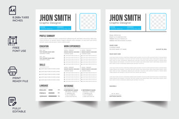 Clean Modern Resume and Cover Letter Layout Vector Template for Business Job Applications, Minimalist resume cv template, Resume design template, cv design, multipurpose resume design See Less 