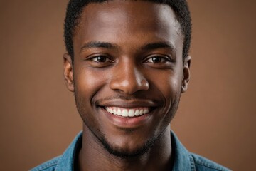 Obraz premium Full framed very close face portrait of a smiling young african man with brown eyes looking at the camera, studio shot,brown background.