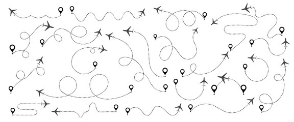 Airplane line path icon of air plane flight route dash line trace with start point. Simple airplane travel line path with map pins. Airplane dashed route path. Vector illustration.