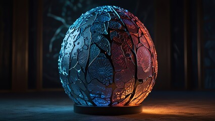 a sculpture of a man's head is made of glass and has a blue and purple color.