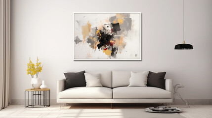 Abstract Painting in White Frame Above White Sofa in Modern Living Room