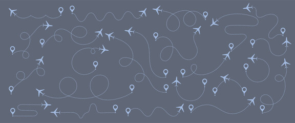 Airplane line path vector icon set of air plane flight route with start point and dash line trace. Various aircraft and destination location pins icons. Aircraft tracking, planes, travel, map pins. 