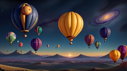 Fototapeta premium a digital illustration of hot air balloons with mountains in the background.
