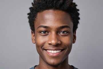 Full framed very close face portrait of a smiling young african non binary with gray eyes looking at the camera, studio shot,gray background.