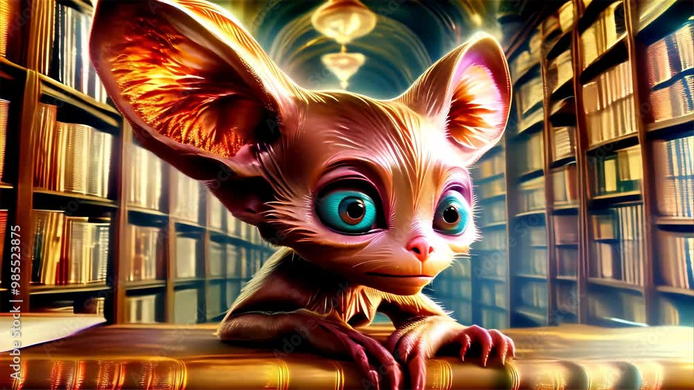 Poster adorable 3d rendered creature with big ears and blue eyes looking curiously at a book in a library. 