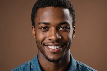 Obraz premium Full framed very close face portrait of a smiling young african american man with brown eyes looking at the camera, studio shot,brown background.