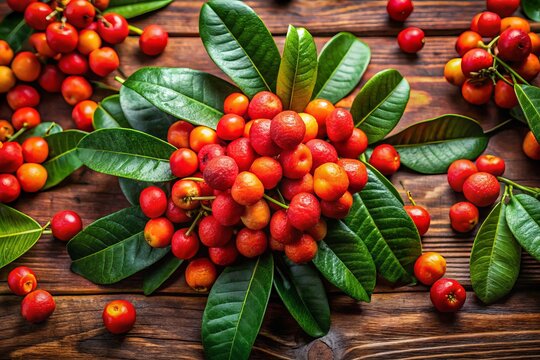 Vibrant chironji fruit rests on a rustic wooden table, surrounded by lush green leaves, emphasizing its organic beauty