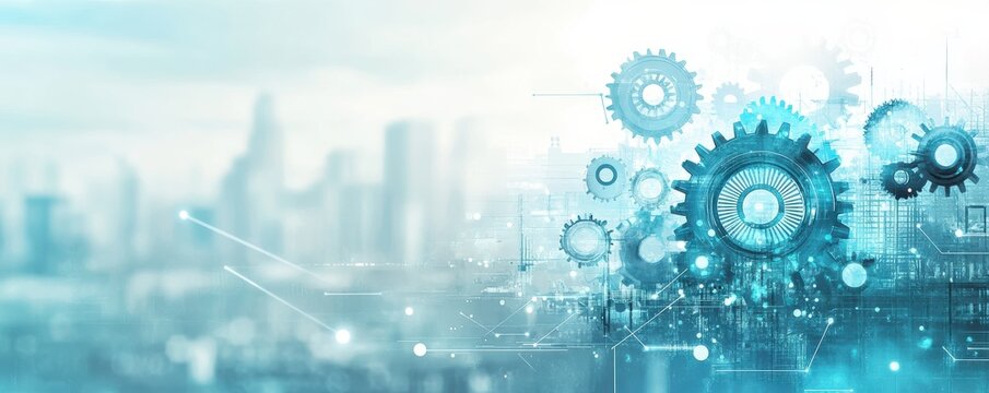 Digital futuristic gears and technology background for infographic with cityscape overlay