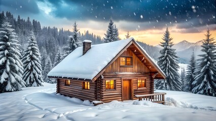 Fototapeta premium Cozy Wooden Cabin in Snowy Forest at Sunset, Tranquil and Inviting Winter Retreat