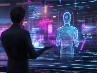 AI assistant talk with Human hologram, office digital background