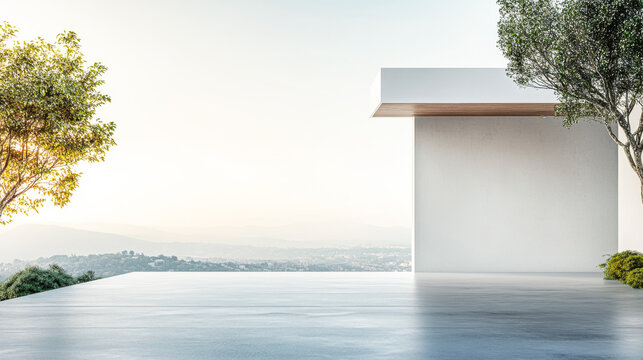 A serene modern architecture view featuring a minimalist terrace overlooking a lush landscape at sunrise