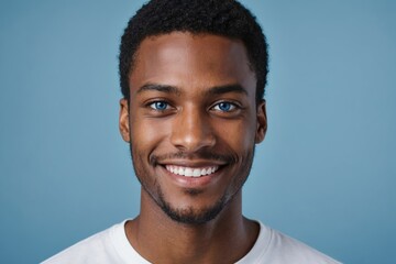 Obraz premium Full framed very close face portrait of a smiling young black man with blue eyes looking at the camera, studio shot,blue background.