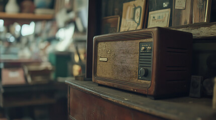 Unusable antique radio sits on a dusty shelf in a vintage shop.
