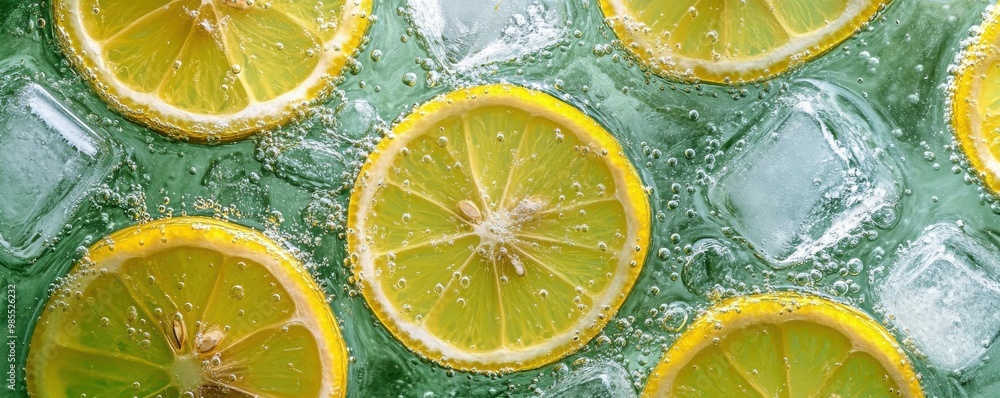 Poster refreshing background of lemon slices and ice cubes in sparkling water with vibrant green tones