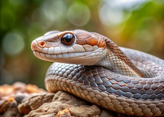 Fototapeta premium Close-up head shot of a copperhead gray rat snake on a rock with a blurred background