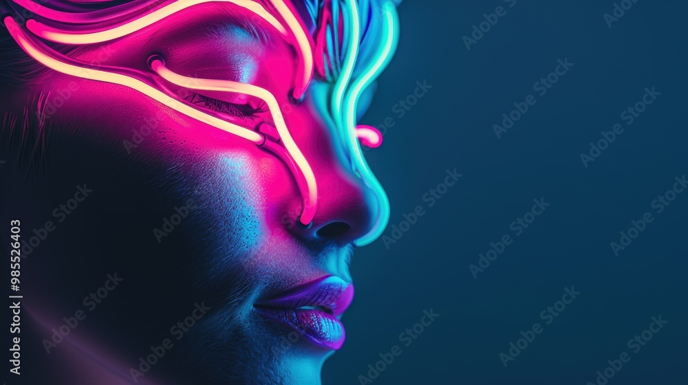 Poster a mesmerizing neon portrait of a mythical beast, its form and features outlined in radiant neon ligh