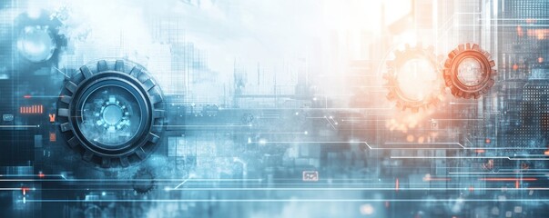 Futuristic technology background with gears and digital elements in light gray and blue hues