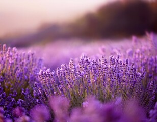 Lavender flowers - Sunset over a summer purple lavender field . Bunch of scented flowers in the lavanda fields of the French Provence near