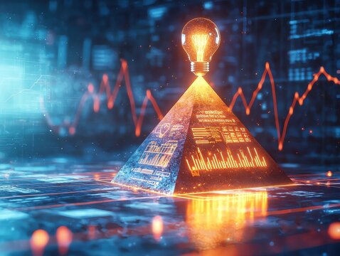 The pyramid of success has light shining from around itm There is a light bulb on top of the pyramid