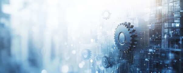 Futuristic gears and cogs in a light gray and blue digital concept background with technology themes
