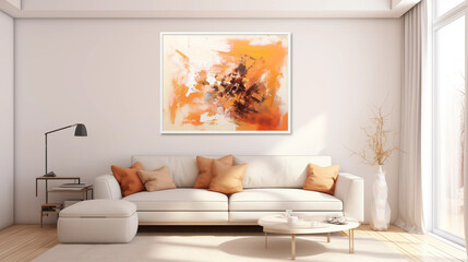 Abstract Painting in White Frame on Living Room Wall