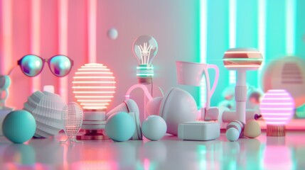 A variety of neon toys and gadgets displayed in a futuristic arrangement, glowing brightly to highlight their cutting-edge technology.