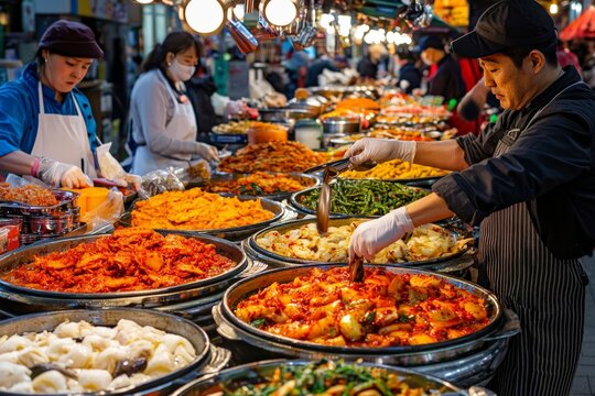 Seoul's Gwangjang Market, with vendors selling a variety of traditional Korean dishes like kimchi and bindaetteok