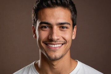 Obraz premium Full framed very close face portrait of a smiling young latin man with brown eyes looking at the camera, studio shot,brown background.