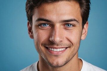 Obraz premium Full framed very close face portrait of a smiling young latin man with blue eyes looking at the camera, studio shot,blue background.