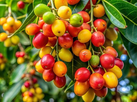 Close-up of a bunch of red and yellow jobos fruits on a branch with green leaves