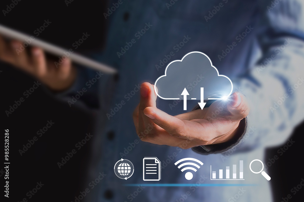 Wall mural cloud computing shown in hand cloud technology data storage, data transfer, network and internet ser