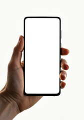 Hand Holding Smartphone Mockup - Blank Screen Mobile Phone Isolated on White Background - Technology and Lifestyle Concept Image