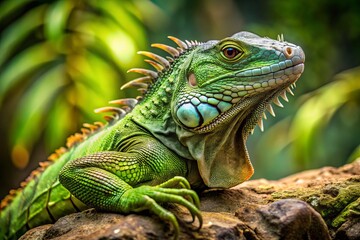 Obraz premium Close-up of a green spiny iguana with sharp scales and a long tail resting on a rock in