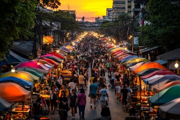 Fototapeta premium The bustling Chatuchak Market in Bangkok, with endless rows of stalls selling everything from antiques to street food