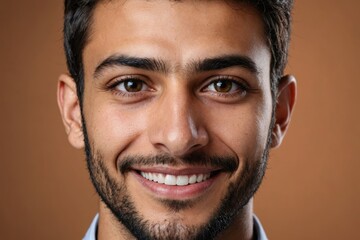 Obraz premium Full framed very close face portrait of a smiling young arabic man with hazel eyes looking at the camera, studio shot,hazel background.