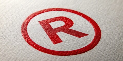 Close-up of a red circle with the letter "r" inside, printed on a white paper background