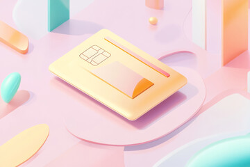 Colorful abstract depiction of a stylized payment card amidst geometric shapes in a soft pastel setting