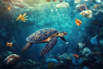 Fototapeta premium Sea Turtle Swimming Amidst Ocean Plastic Pollution