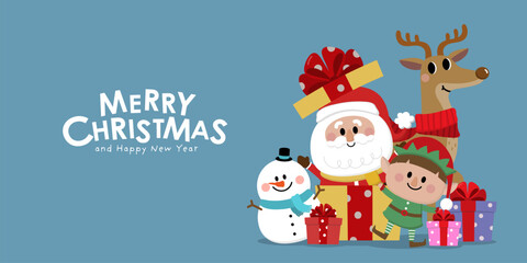 Merry Christmas and happy new year with Santa Claus, snowman, little elf and deer. Holiday cartoon character in winter season. -Vector