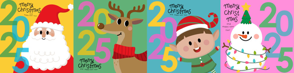 Merry Christmas and happy new year with Santa Claus, snowman, little elf and deer. Holiday cartoon character in winter season. -Vector